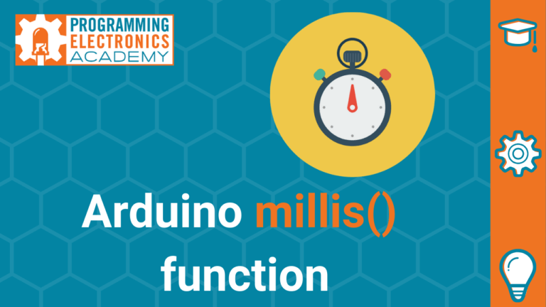 millis() arduino function as headline, with colorful timer icon at top and programming electronics logo