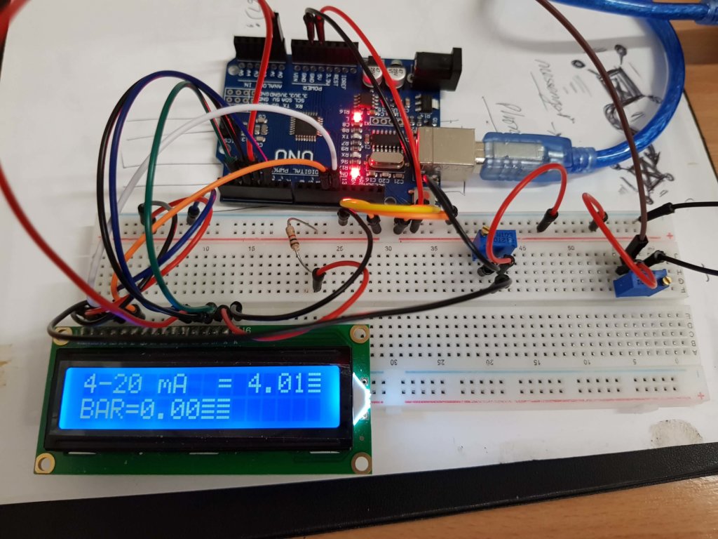 Arduino on breadboard with wires and LCD, Arduino Transducer Testing circuit
