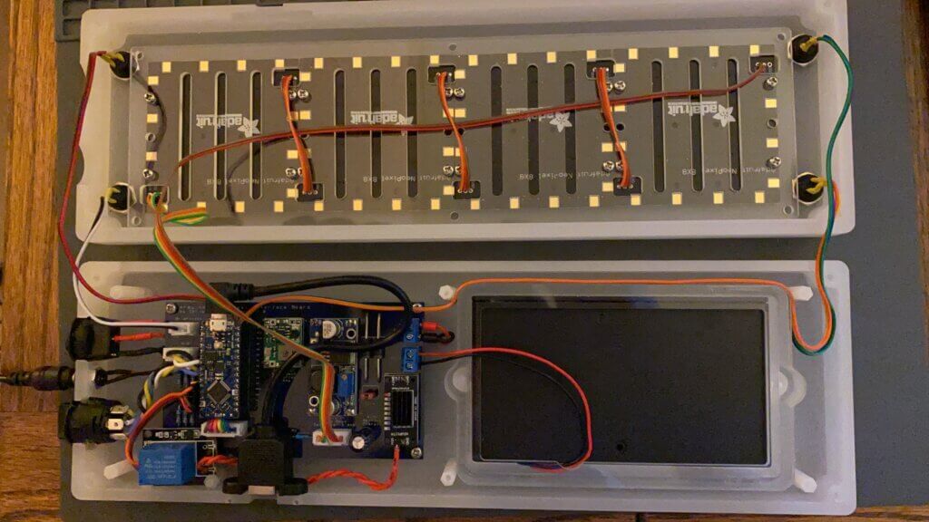 circuit board enclosure with wires, neo pixels, arduino for digital cribbage board scoring